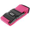 A pink adjustable luggage strap with a black combination lock buckle.