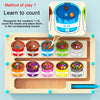 A wooden sorting maze board for toddlers showing colored beads and corresponding labeled buckets.