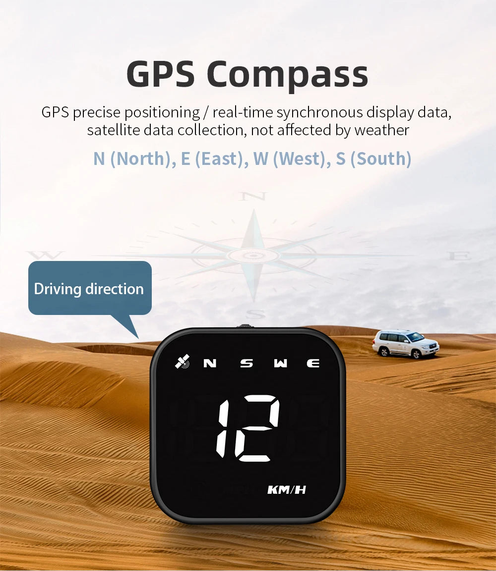 A black GPS compass device is shown on a wooden surface with a car in the background, demonstrating its navigation features.