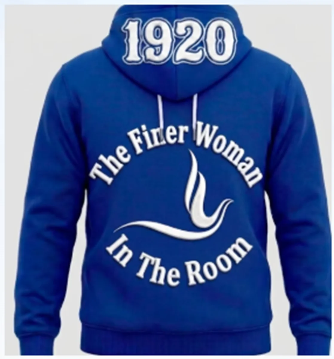 A blue hoodie featuring a white graphic with the text 1920 The Finer Woman In The Room
