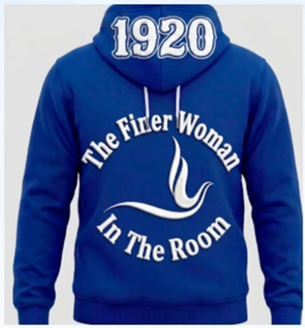 A blue hoodie featuring a white graphic with the text 1920 The Finer Woman In The Room