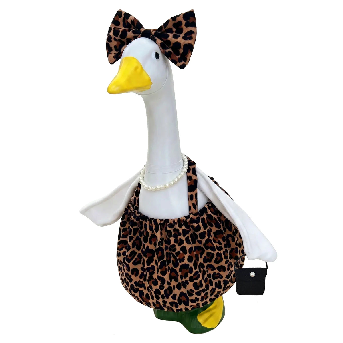 A white goose costume featuring a leopard print bow and a matching patterned outfit with a pearl necklace.