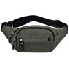 A dark olive green canvas waist pack with a black adjustable strap and multiple pockets.