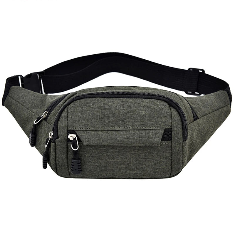 A dark olive green canvas waist pack with a black adjustable strap and multiple pockets.
