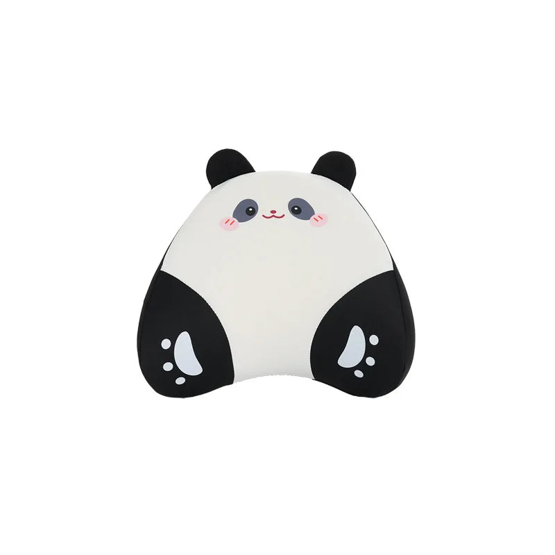 A white and black panda-themed car seat cover set with headrest pillows.