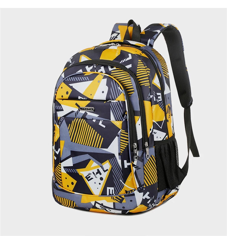 A yellow and black geometric patterned laptop backpack for work, school, or travel.