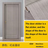 A vertical wooden grain door sticker in light grey is shown next to a roll of similar wallpaper and size specifications.