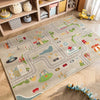 A soft crystal velvet rug depicting a cartoon car traffic scene for a nursery or playroom.