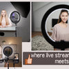 A woman is using an adjustable ring light with a tripod and phone holder for live streaming or video calls.
