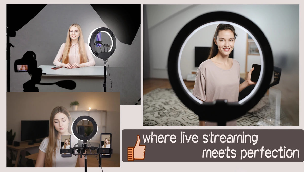 A woman is using an adjustable ring light with a tripod and phone holder for live streaming or video calls.