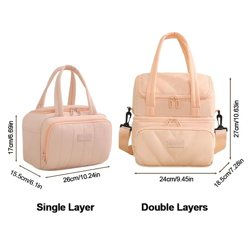 A beige insulated reusable lunch bag shown in single and double layer configurations.