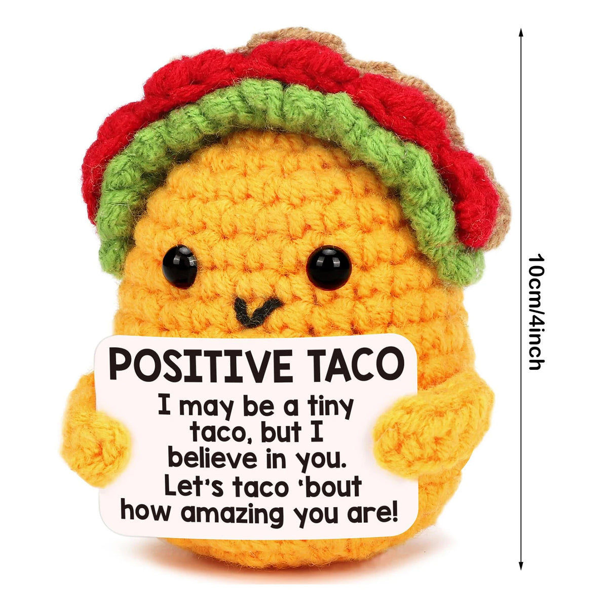 Handmade crochet taco plush toy in yellow with green and red accents.