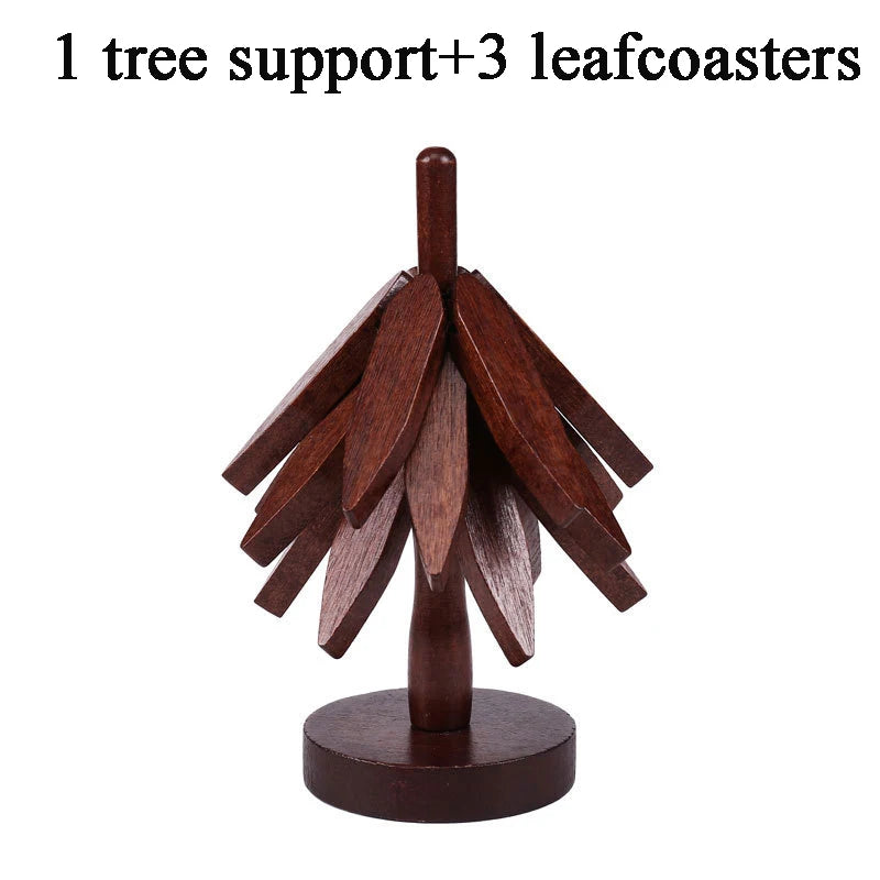 A wooden tree design coaster set featuring one tree support and three leaf coasters.