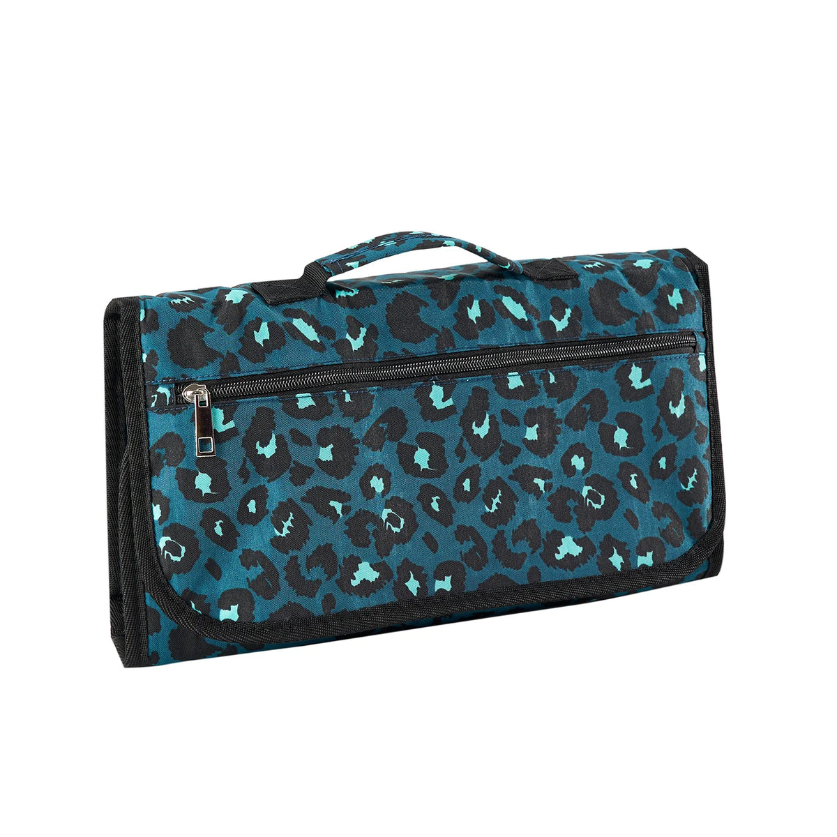 A black and teal leopard print foldable waterproof baby changing pad.