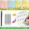 A set of four handwriting practice books, a pen case, six refills, and a holder for kids.