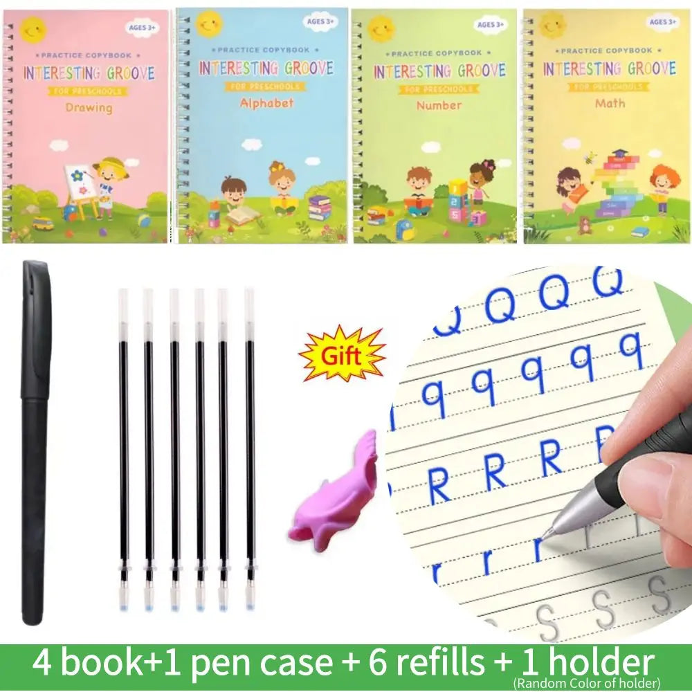 A set of four handwriting practice books, a pen case, six refills, and a holder for kids.