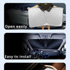 A foldable windshield sun shade is shown being easily installed and folded in a car interior.