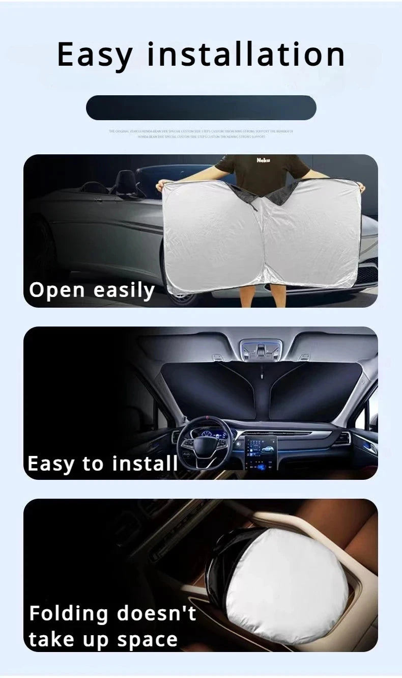 A foldable windshield sun shade is shown being easily installed and folded in a car interior.