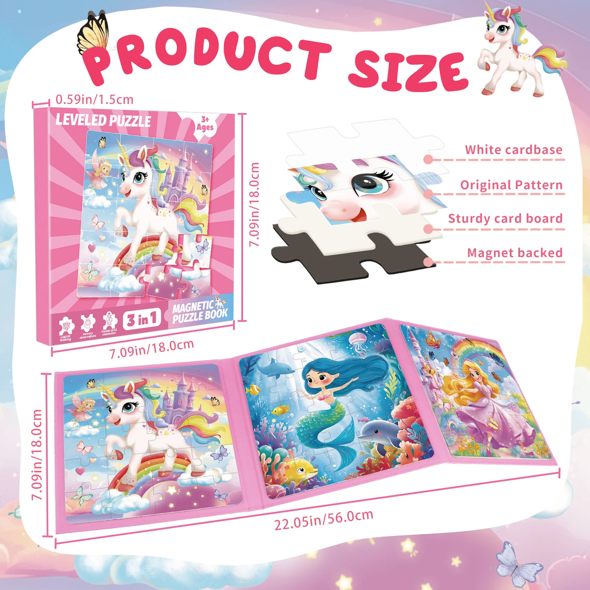 A set of magnetic puzzle books featuring unicorn and mermaid princess figures in pink and purple colors.
