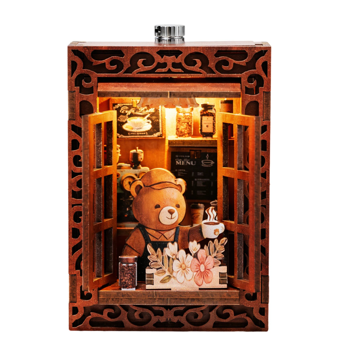 A wooden DIY book nook featuring a bear figure and illuminated display inside.