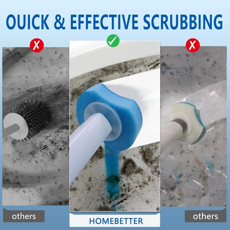 Comparison showing a disposable toilet brush refill with built-in cleaning solution as a Homebetter option for scrubbing.