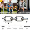 A heavy-duty stainless steel chain product showing various models and dimensions for indoor and outdoor use.
