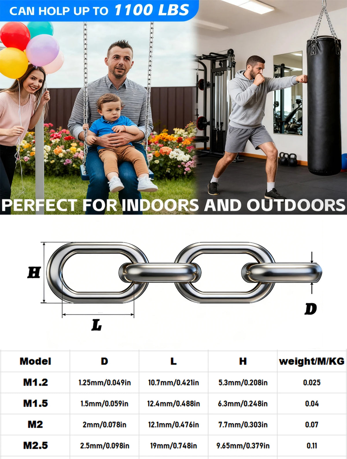 A heavy-duty stainless steel chain product showing various models and dimensions for indoor and outdoor use.