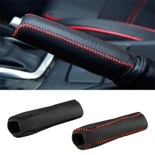 Cache de frein à main en cuir véritable noir avec des coutures rouges, montré sous différents angles