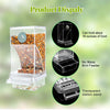 Clear acrylic bird feeder with a transparent stand holding about 16 ounces of seed food