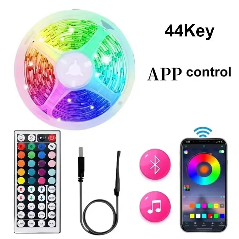 A circular 44Key LED light panel with an app control remote and charging cable shown next to a smartphone.