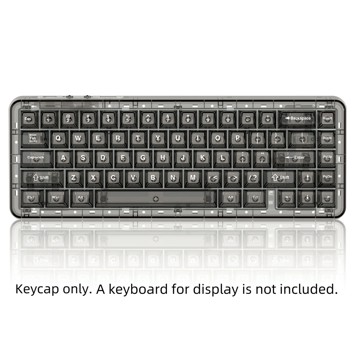 A set of 115 keycaps for a mechanical keyboard, featuring crystal clear and RGB backlit designs.