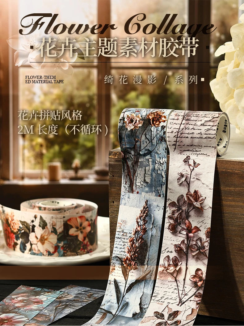 Rolls of vintage botanical watercolor tape featuring floral and leaf designs for scrapbooking