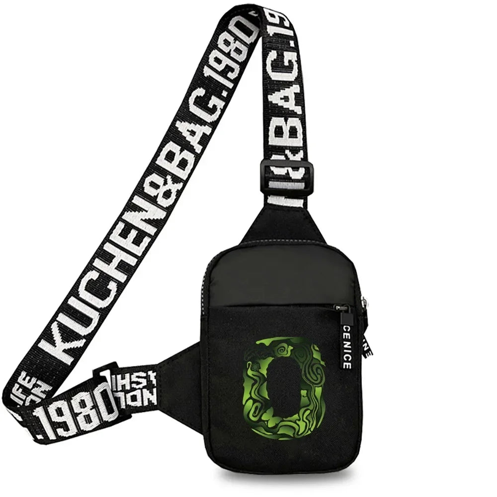 Black canvas chest bag with a wide strap and zipper closure