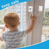 A toddler is shown reaching for a self-adhesive window safety lock installed on a glass door.