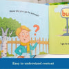 A picture book showing a child asking how they go to school, with a yellow-haired character standing by a fence.