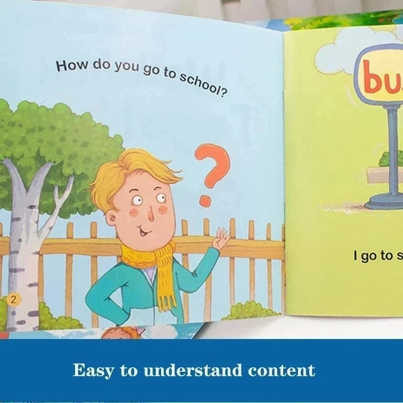 A picture book showing a child asking how they go to school, with a yellow-haired character standing by a fence.