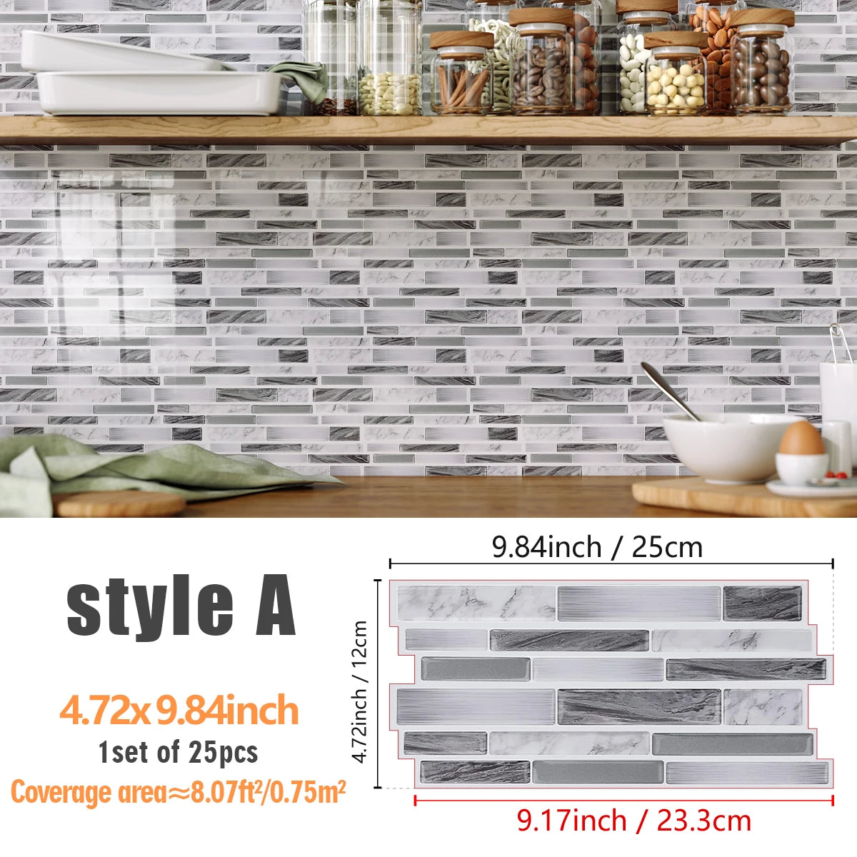 A display of self-adhesive marble texture PVC wall and kitchen tiles in various shades of gray and white.