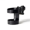 Black 2-in-1 stroller cup holder and phone mount with a clamp mechanism.