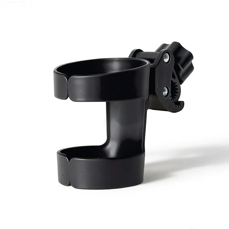 Black 2-in-1 stroller cup holder and phone mount with a clamp mechanism.
