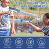 A boy and a girl are playing with a blue electric water gun outdoors, demonstrating its long range and large capacity.