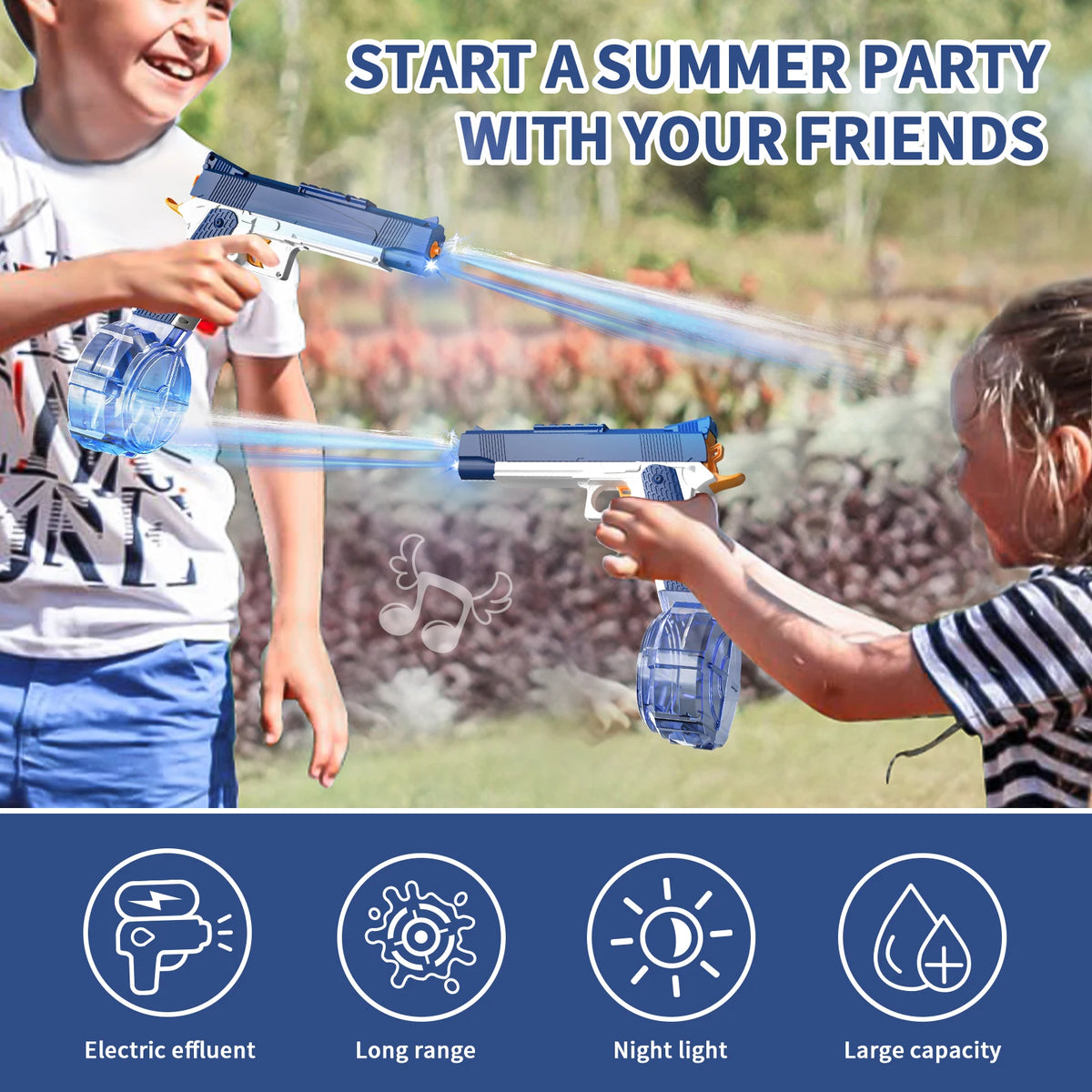 A boy and a girl are playing with a blue electric water gun outdoors, demonstrating its long range and large capacity.