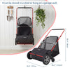A black push lawn sweeper with a large hopper is shown hanging on a wall and resting on the ground.