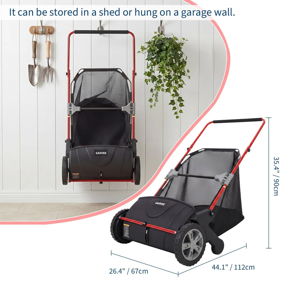 A black push lawn sweeper with a large hopper is shown hanging on a wall and resting on the floor.