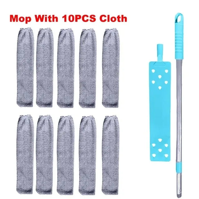 A set of ten gray microfiber cleaning cloths with a telescopic handle for dusting