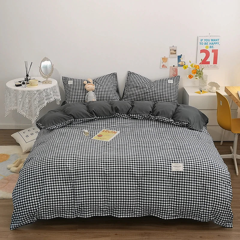 100% Cotton Duvet Cover Set with Plaid Stripe – Breathable & Skin-Friendly