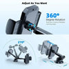 A black 360 degree rotating car phone mount with suction cup and air vent clips shown in various angles.