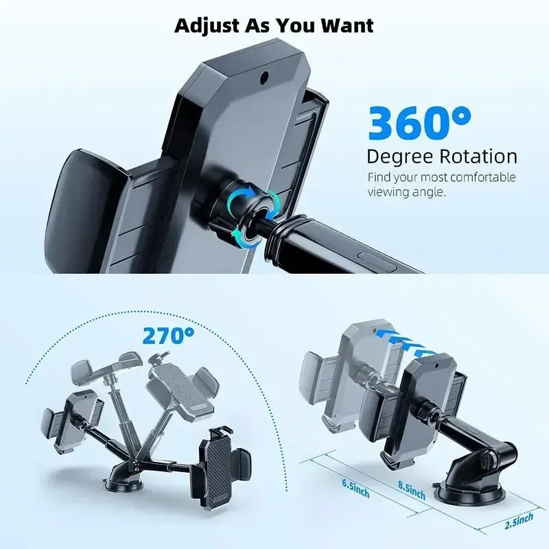 A black 360 degree rotating car phone mount with suction cup and air vent clips shown in various angles.