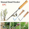 A manual hand weeder tool set featuring stainless steel blades and wooden handles for gardening.