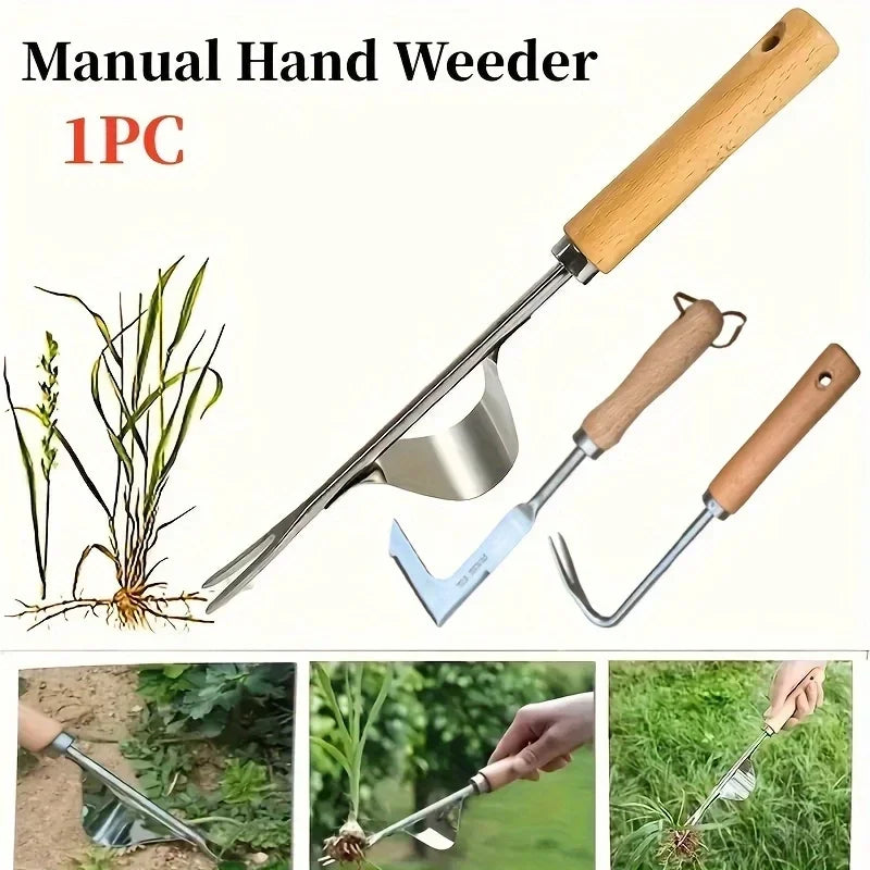 A manual hand weeder tool set featuring stainless steel blades and wooden handles for gardening.