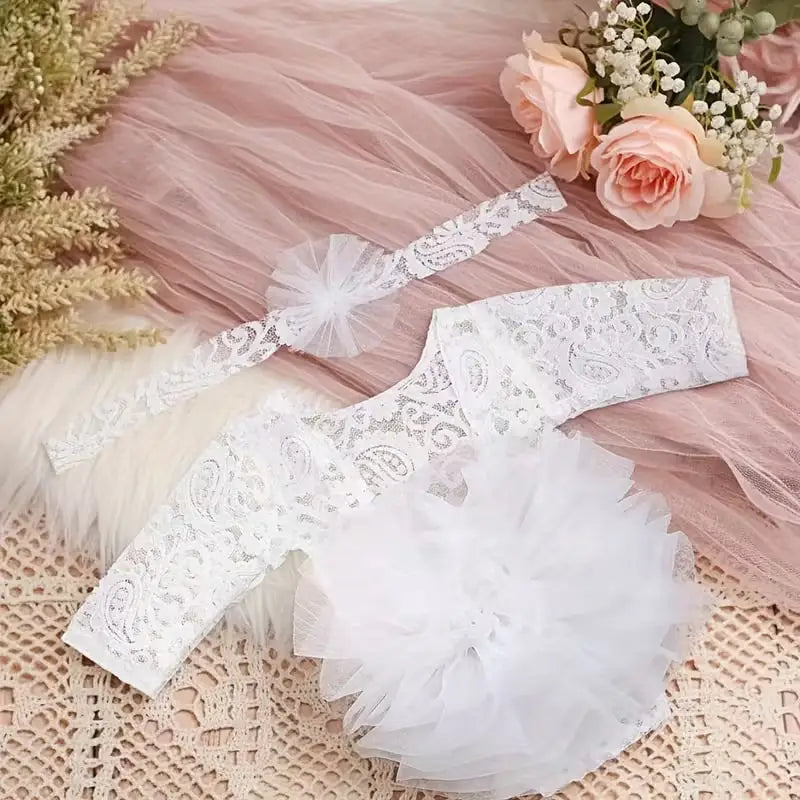 Newborn Knitted Lace Bodysuit Set with Puff Sleeves and Headband
